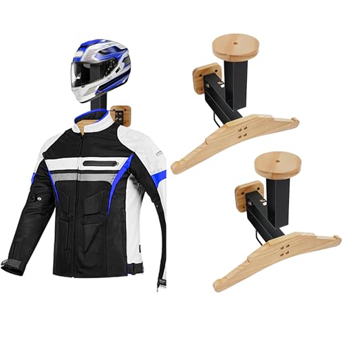 2 Set-Clothing&Helmet Holder Wall Rack Motorcycle Helmet Accessories with Helmet Stand and Cloting Hanger, Tactical Gear Holder Solid Wood Organizer & Display for Police, Football, Wood Color - color: Wood Color