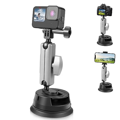 PULUZ Car Suction Cup Mount 360° Rotation Windshield & Window Camera Bracket for GoPro Hero 11 10 9 8 7 Insta360 X3 DJI Action Camera Accessories with Phone Holder with 1/4 Thread - size: 9cm/3.5inch Suction Cup-Upgrade