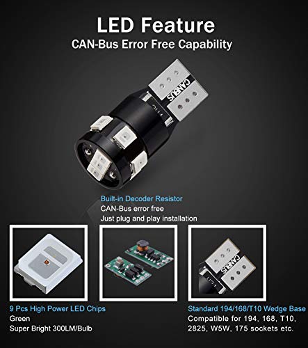 300LM Extremely Bright Canbus Error Free 194 168 2825 W5W T10 LED Bulbs Green 9-SMD 2835 Chipsets for Dome Map Door Courtesy License Plate Lights - color: green