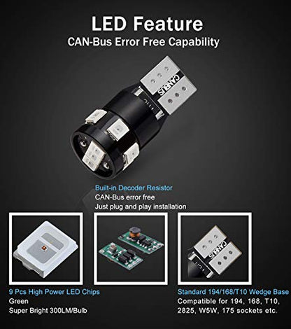 300LM Extremely Bright Canbus Error Free 194 168 2825 W5W T10 LED Bulbs Green 9-SMD 2835 Chipsets for Dome Map Door Courtesy License Plate Lights - color: green