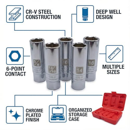 5PCS Magnetic Spark Plug Socket Set, Includes 14mm, 16mm Thin Wall Sockets and 9/16-inch, 5/8-inch, 13/16-inch Sockets, Universal Spark Plug Removal Tool Accessories for SUV, Truck(1Set) - size: 1Set