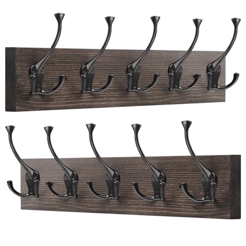 IBosins 2 Pack Coat Rack Wall Mount, 17'' Old Wood Color Coat Hanger, Rustic Wooden Metal Coat Hooks Rail for Entryway Living Room Coat Jacket Scarf Bag Towel Hat - color: Old Wood Plate & Black Tri-Hook, size: 2 Item-5 Hooks