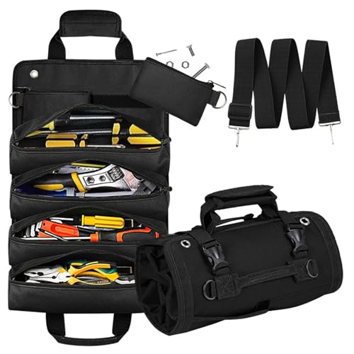 Roll Up Tool Bag, Portable Folding Tool Roll with Detachable Pouch, Heavy Duty Motorcycle Storage Organizer, Black - color: Black