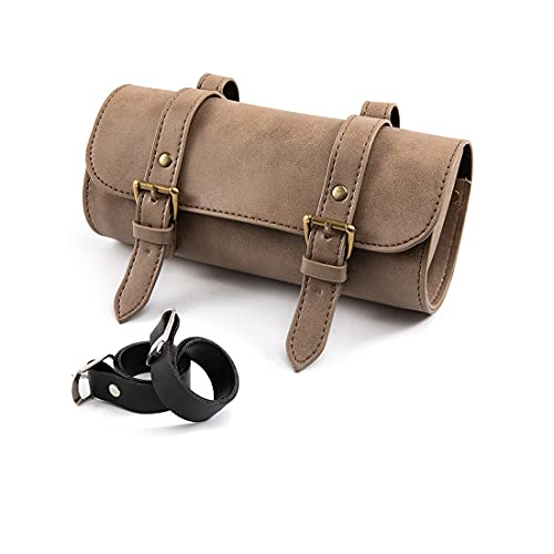 Motorcycle Saddle Bag Mini Motorbike Fork Handlebar Pu Leather Tool Storage Bag - color: khaki