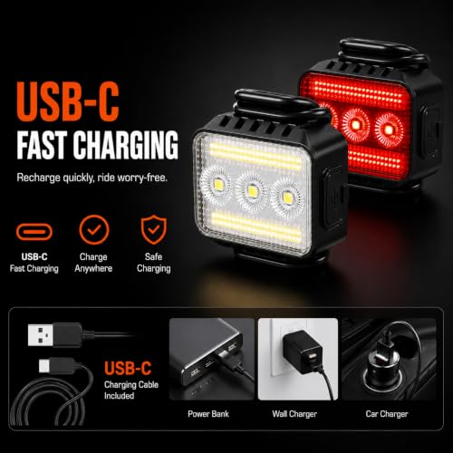 Bright Bike Lights Set for Night Riding, 9+9 Modes Rechargeable eBike Lights Front and Back, Waterproof Bicycle Lights, Bike Headlight and Tail Light Set for MTB, Off-Road & City Riding