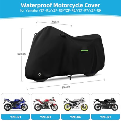 Motorcycle Cover Waterproof for Yamaha R1 R3 R6 R7 R9, Heavy Duty Outdoor Sun Rain Snow UV Dust All Weather Protection Motorbike Cover with Soft Cotton Lining & Lock Hole - size: YZF R6