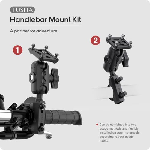 TUSITA Motorcycle GPS Mount Handlebar Brake Clutch Reservoir Compatible with Garmin Montana, Zumo XT GPS -, Double Socket Arm - B Size Short - size: B Size Short