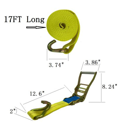 Ratchet Straps - 2" x 17' Heavy Duty Cargo Straps, Load up to 10000Lbs, Double J Hooks for Trucks, Moving Appliances, Lawn Equipment, Motorcycles - Yellow