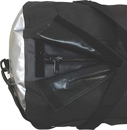 Oversize 70L Waterproof Dry Duffel Offshore Gear Motor Cycle Tail Bag Hi-Vis 25 Gauge Vinyl Silver Welded Side Panels -Black