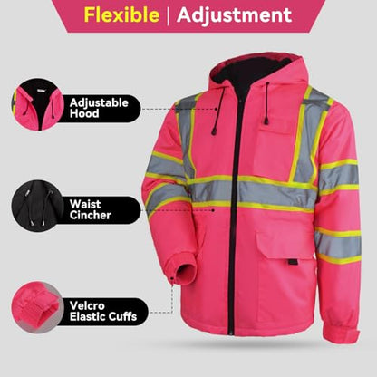 KARXICIY ZUJA Hi Vis Reflective Safety Jacket for Men Women Construction Jacket with Hood High Visibility Safety Rain Jacket - color: Pink - Thickening, size: XX-Large