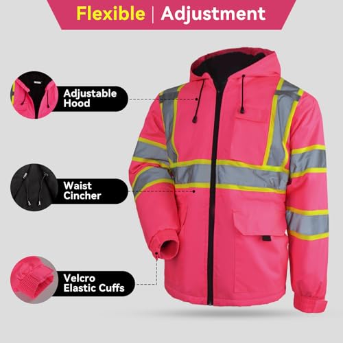 KARXICIY ZUJA Hi Vis Reflective Safety Jacket for Men Women Construction Jacket with Hood High Visibility Safety Rain Jacket - color: Pink - Thickening, size: 5X-Large