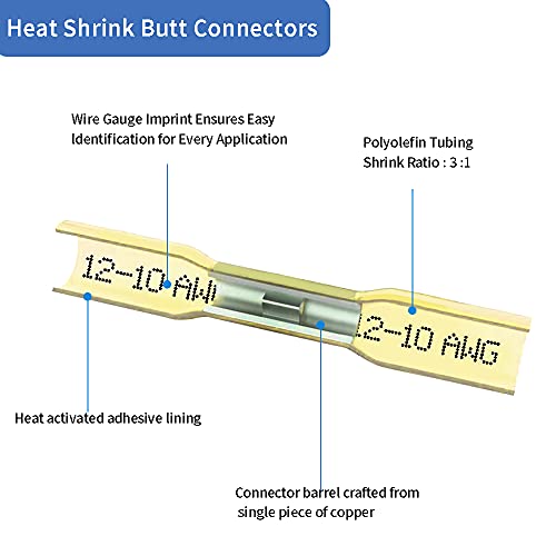 100 Pcs Yellow Heat Shrink Butt Connectors, 12-10 AWG Waterproof Crimp Terminals Electrical Wire Connectors Splice for Marine, Cable, Wiring Tool, Automotive - size: 12-10 AWG