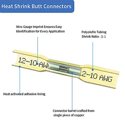 100 Pcs Yellow Heat Shrink Butt Connectors, 12-10 AWG Waterproof Crimp Terminals Electrical Wire Connectors Splice for Marine, Cable, Wiring Tool, Automotive - size: 12-10 AWG