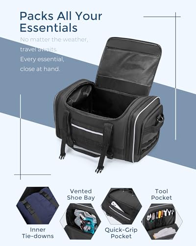 Marscamd Waterproof Motorcycle Tail Luggage Bag, 48L-64L Expandable, a Rain Cover Included, Bag with 4 Rack Mount Straps and Multiple Pockets - Black