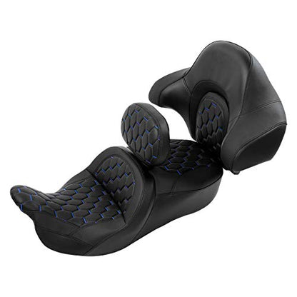 C.C. RIDER Leather Driver Passenger Seat - Fat Diamond Pro 2-Up One-Piece Seat fit for Harley Touring Road King FLHR Street Glide FLHX Road Glide FLTRX 2009-2023, Bagger Comb #Blue Stitching - color: Blue Stitching
