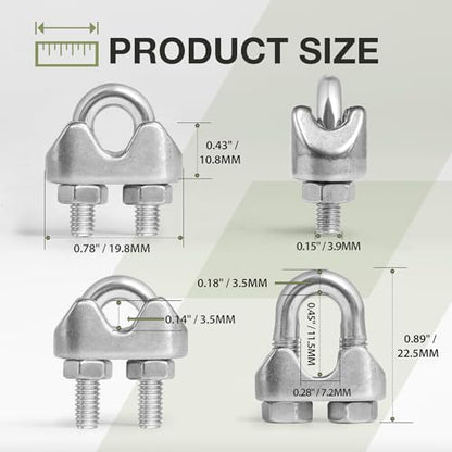 12pcs M4 Wire Rope Clamp, 5/32 inch Cable Clamps Stainless Steel Wire Rope Clips - size: M4