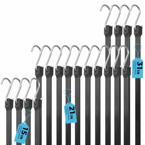 XSTRAP STANDARD 20 Pack Multiple Size Natural Rubber Tarp Bungee Straps Tie Down Cords with S Hooks Heavy Duty Ideal EPDM Bungee Cords for Outdoor, Tarp Covers, Canvas Canopies and Cargo - size: 15''+21''+31''