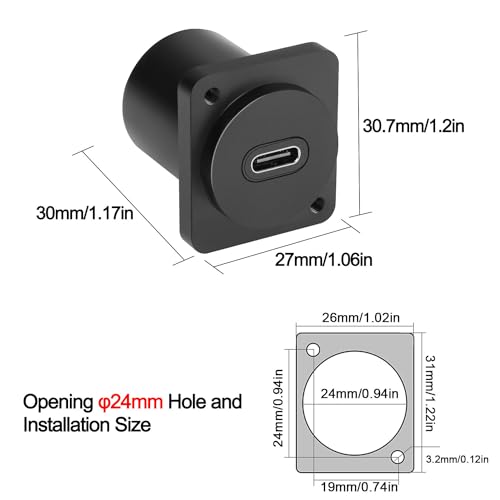 QIANRENON 10Gbps USB-C to USB-C Panel Mount Adapter, Type-C 3.1 Female to Female Straight Connector, 100W Charging, Integral Al Alloy Housing, D-Type/XLR Panel Mount, Extension