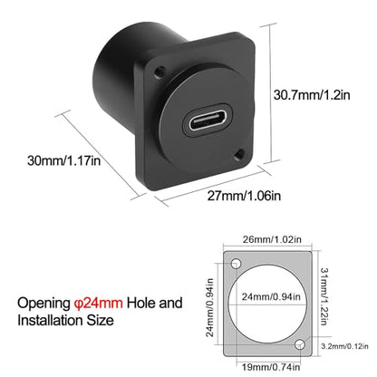 QIANRENON 10Gbps USB-C to USB-C Panel Mount Adapter, Type-C 3.1 Female to Female Straight Connector, 100W Charging, Integral Al Alloy Housing, D-Type/XLR Panel Mount, Extension