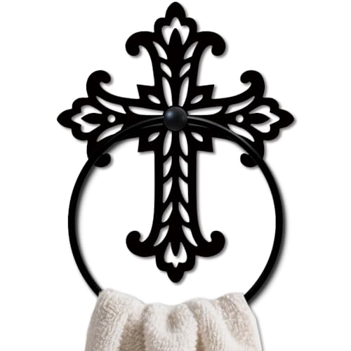 MAYJOYDIY Gothic Cross Metal Towel Ring, Retro Floral Pattern Crucifix Black Hand Towel Holder, Christian Hanging Ring Wall Mounted Bathroom Accessories for Bathroom Kitchen Home Decoration Gift - color: Gothic Cross