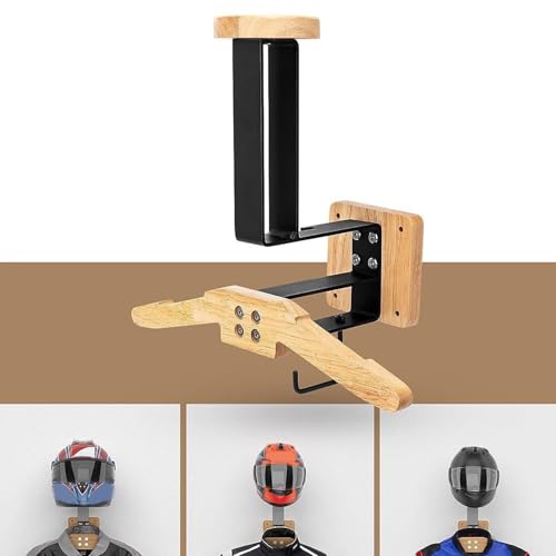 Keenso Motorcycle Helmet Holder, Solid Wood and Iron Wall Mount Hanger for Riding Gear Storage and Display