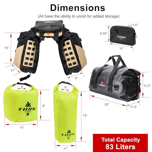 TUSK Highland X2 Rackless Luggage System w/Medium Dry Duffel Tail Bag Compatible with KTM/Husky 690-701 Heat Shield Black/Tan - color: Black/Tan, size: Medium Dry Duffel/Tail Bag, style: Ktm/Husky 690-701 Heat Shield