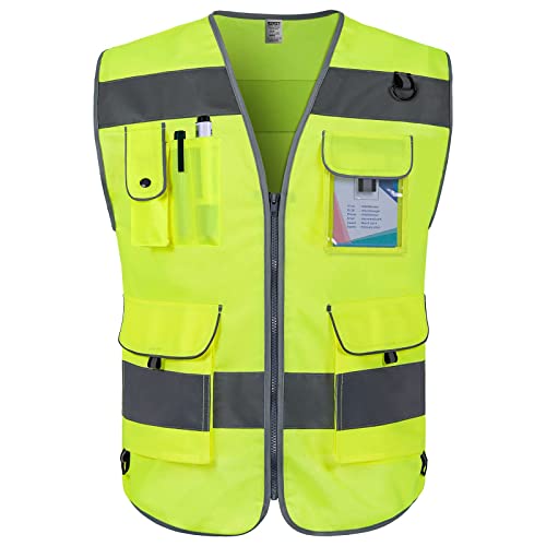 TCCFCCT Safety Vest for Men Women 9 Pockets High Visibility Vest for Safety, Reflective Work Vest with Reflective Strips, Meets ANSI/ISEA Standards, (Yellow, Large) - color: Yellow Fabric-bison 001, size: Large