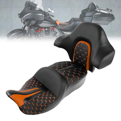 CC RIDER Gel Seat Driver Passenger Seat and King/Chopped Tour Trunk Backrest Fit For Harley Touring 2014-2023 Street Glide Road Glide Road King Electra Glide,Orange Hexagon - color: 23# Gel Orange+ 1 Backrest