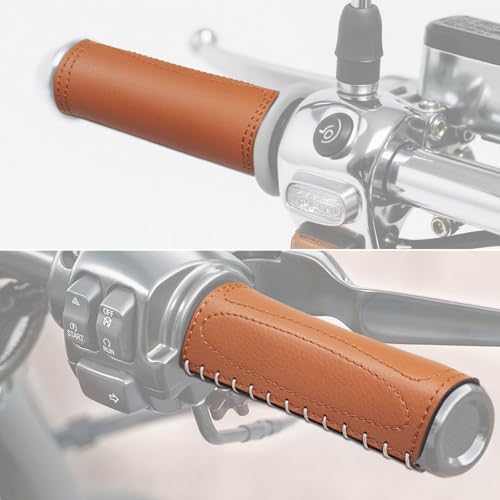 2 PCS Leather Motorcycle Handlebar Hand Grip Cover, Hand Sewn Grips Sleeve, No Fringe Brake Clutch Covers for HD Motorcycle Brown - color: Brown