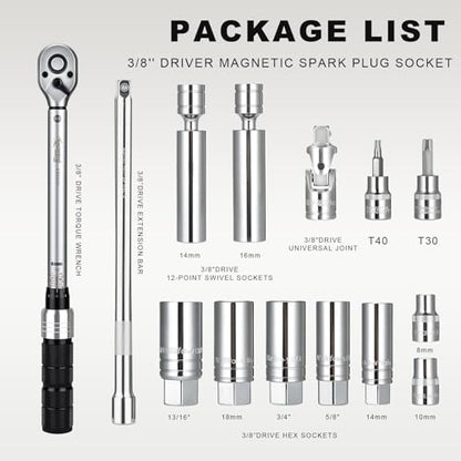 AEROFORCE 14PCS 3/8-Inch Drive Swivel Magnetic Spark Plug Socket Set with 3/8'' Torque Wrench (5-45 Lb.ft/6.8-61.2 Nm), Universal Joint & Extension Bar - Durable CR-V Steel for Easy Spark Plug Removal - size: 14PCS full Magnetic