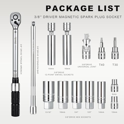 AEROFORCE 14PCS 3/8-Inch Drive Swivel Magnetic Spark Plug Socket Set with 3/8'' Torque Wrench (5-45 Lb.ft/6.8-61.2 Nm), Universal Joint & Extension Bar - Durable CR-V Steel for Easy Spark Plug Removal - size: 14PCS full Magnetic