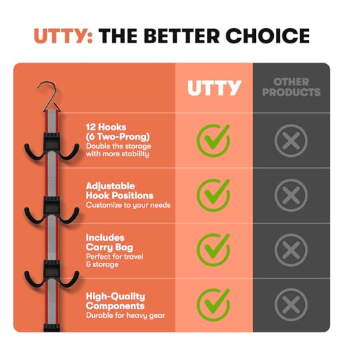 UTTY Multipurpose Portable Hanging Rack - Durable Hockey Gear Drying Rack & Sports Equipment Organizer - 6 Durable Adjustable Hooks, Support Light to Heavy Weight for Home, Travel & Outdoor Use