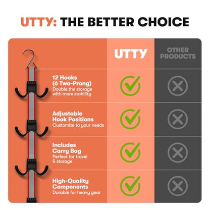 UTTY Multipurpose Portable Hanging Rack - Durable Hockey Gear Drying Rack & Sports Equipment Organizer - 6 Durable Adjustable Hooks, Support Light to Heavy Weight for Home, Travel & Outdoor Use