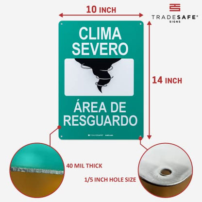 TRADESAFE Severe Weather Shelter Area Sign - Clima Severo, Área De Resguardo Spanish Sign, Quick Install, Light Reflective, UV-Resistant, Waterproof, 10” X 14” Aluminum Safety Signs - style: Clima Severo Área De Resguardo