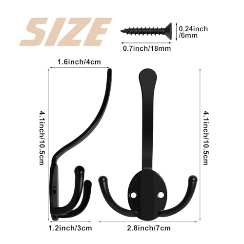 Homanu 14 Pack Coat Hooks Heavy Duty, Metal Three Prongs Large Coat Hooks Wall Mounted with 28 Screws, No Rust Black Rustic Wall Hooks for Hanging Towel, Coat, Scarf, Bag, Hat, Cup, Key - color: 14 Pcs Black