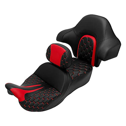 C.C. RIDER Motorcycle Hammock Seat+ Rider Backrest+ King/Chopped Trunk Backrest Pad Fit for Harley 2014-2023 Touring Road King FLHR Street Glide FLHX Road Glide FLTRX Electra Glide FLHT - color: 23# Red (Seat+ 2 Backrests)