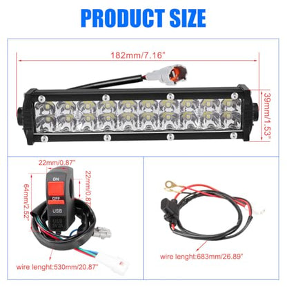 Headlight LED Light Bar Kit USB Switch for CRF110 KLX110 TTR110 YZ250F Motocross 60W LED Light for Most 7/8" Handlebars Motorcycle ATV 4 Wheel Dirt Pit Bike Off-Road Wiring Harness Headlight Assembly - color: ON/OFF+USB Switch