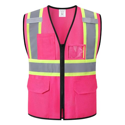 Reflective Safety Vest for Men Women Hi Vis Vest with Pockets High Visibility Vest Mesh Construction Vests Meets ANSI/ISEA Standards (Pink-33, Small) - color: Pink-33, size: Small
