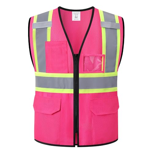 Reflective Safety Vest for Men Women Hi Vis Vest with Pockets High Visibility Vest Mesh Construction Vests Meets ANSI/ISEA Standards (Pink-33, Small) - color: Pink-33, size: Small