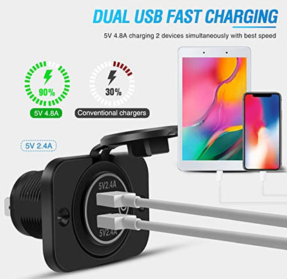 Nilight 2 Pack Quick Charge Socket LED 12V 24V Dual USB Charger 5V 4.8A Car Outlet Panel with ON Off Touch Switch Fused Wire Kit for Cars Trucks Motorcycle RVs Campers - color: 2Pcs Dual USB Charger