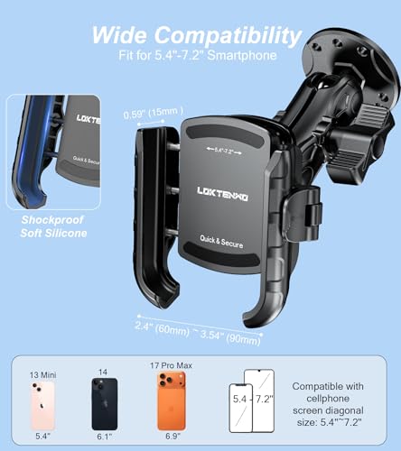 LOKTENWO Anti Vibration Phone Mount, 1s Lock & Release Phone Holder with Shock Dampener, Camera Friendly Aluminum AMPS Round Base Medium Arm for Car Motorcycle UTV Truck Boat, Fits 5.4"-7.2" Phones