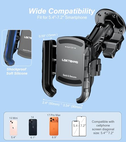LOKTENWO Anti Vibration Phone Mount, 1s Lock & Release Phone Holder with Shock Dampener, Camera Friendly Aluminum AMPS Round Base Medium Arm for Car Motorcycle UTV Truck Boat, Fits 5.4"-7.2" Phones