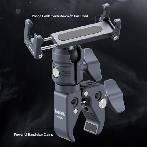 Motorcycle Phone Mount, Handlebar Clamp Base Fits 0.5"-2" Diameter Bars, 25mm Ball Head & Aluminum Socket Arm, 360° Rotatable, Universal for iPhone/Android Phones Width 2.56"-3.74"(KPS-07) - color: KPS-07