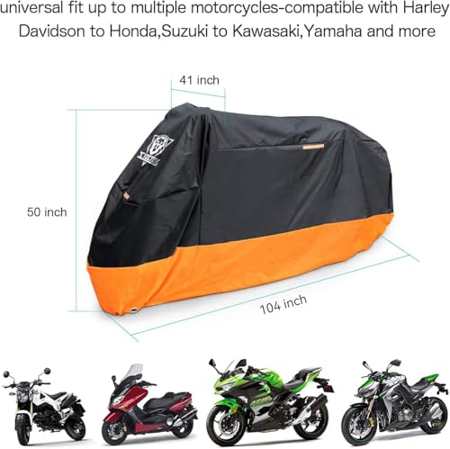 XYZCTEM Motorcycle Cover – All Season Waterproof Outdoor Protection – Precision Fit up to 104 Inch Tour Bikes, Choppers and Cruisers – Protect Against Dust, Debris, Rain and Weather (Black& Orange) - size: 104"