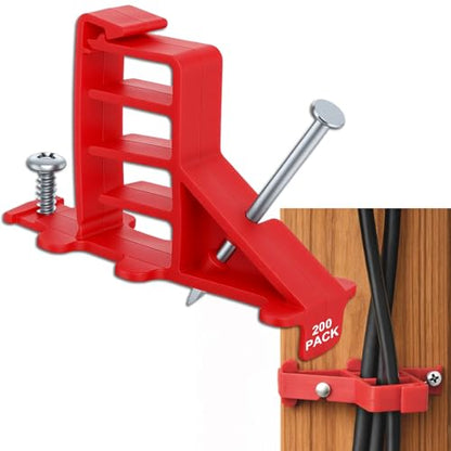 200 Pcs Multi-Cable Staple, Cable Stackers Electrical Wire Stackers, Secures Cable Staples Clips with Steel Nails Suitable Most Cables (Red) - color: Red-With Locking Clip