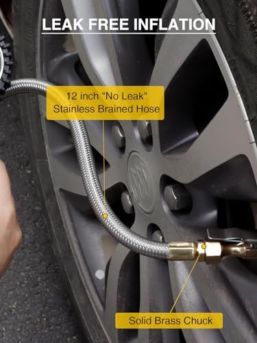 AZUNO Heavy Duty Tire Pressure Gauge, Tire Inflator Gauge 230PSI Air Chuck Air Compressor Attachments, with Steel Braided Hose, Large 2.6" Glow Dial & Quick Connect Coupler, for Truck/Car/SUV/RV/Bike - size: 230 PSI Analog For Truck&RV