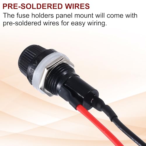 MECCANIXITY 5Pcs Panel Mount Fuse Holder 5x20mm AC 250V 10A/AC 125V 15A Screw Cap Fuse Holders with Pre-Soldered Wires,Round Shape Port - size: 5x20mm