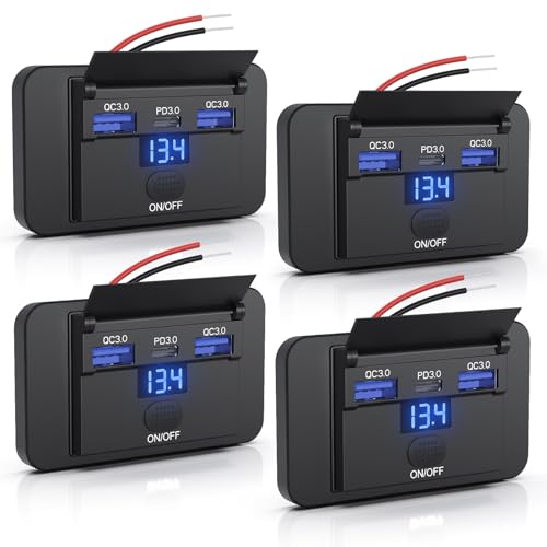 4PCS Gibbab 72W 3 Ports 12V RV USB Switch Outlet with Voltmeter, 36W PD3.0 Type-C Quick Charge + 2*18W QC3.0 Panel Wall Mount Car Charger Socket Automotive Multi-Port Adapter for Marine Truck Boat Bus - color: Deep Blue, size: 4PCS