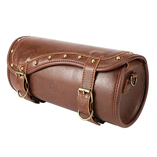 NICECNC Vintage Crazy Horse Lines Motorcycle Handlebar Bag - Universal Saddle Bag with Reinforced Straps, Brown - color: Brown-Cowhide Texture-Small