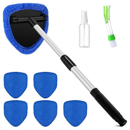 Potchen 8 Pcs Car Windshield Cleaner Tool Kit with Extendable Handle, Microfiber Towel Pads, Brush, Empty Spray Bottle for Auto Glass Wiper Suvs Rvs & Home Windows(Blue) - color: Blue